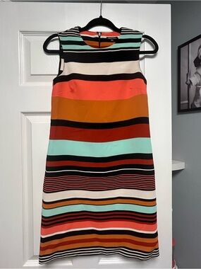 Warehouse Striped Sleeveless Shift Dress in Coral, Teal, Rust, Black, Cream